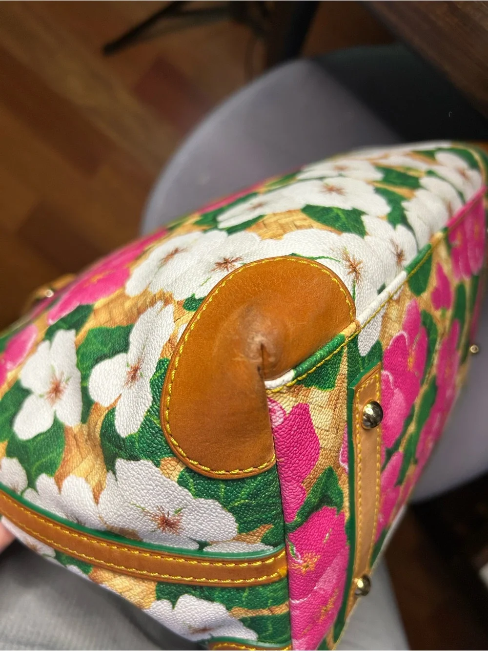 Dooney & Bourke Pink, White & Green Floral Satchel with Tan Trim